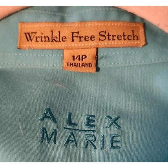 Alex Marie Blouse Long Sleeve Button Front Turquoise Wrinkle Free Stretch 14P - Picture 5 of 6